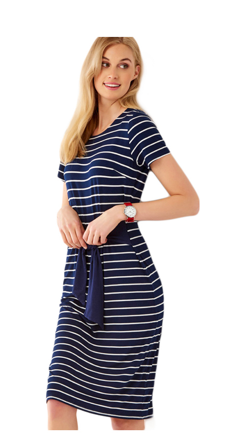 Feminine feeder stripe knit dress with fabric belt (can be either front or back), nautical-stripe dress with belt (viscose (rayon) spandex)