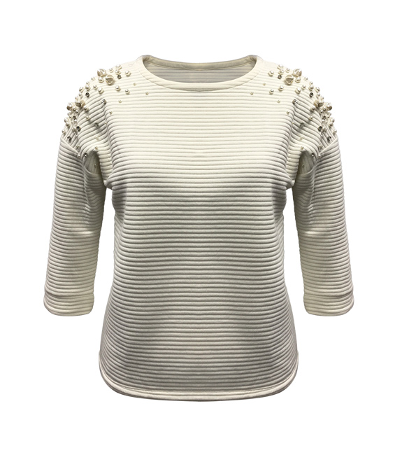 Jacquard dropped shoulder 3/4 sleeves with stones/pearl decorations blouse/top/sweatshirt, jacquard (polyester spandex)